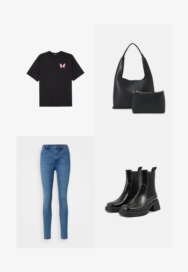 Melna kokvilnas T-krekls ar īsām piedurknēm, kuram priekšā kreisajā pusē ir neliels rozā tauriņa grafiskais attēls. Ar apaļu kaklu un brīvā stila piegriezumu.; Slim-fit zili džinsi, izgatavoti no denim, ar klasisku piecu kabatu dizainu, pogu aizdari un nelielu nodilumu tekstūras variācijai.; Melni ādas Čelsijas zābaki ar masīvu papēdi, elastīgām sānu panelēm un kontrastējošu balto šuvumu. Teksturēts apdare.; Even&Odd Rokassoma - black