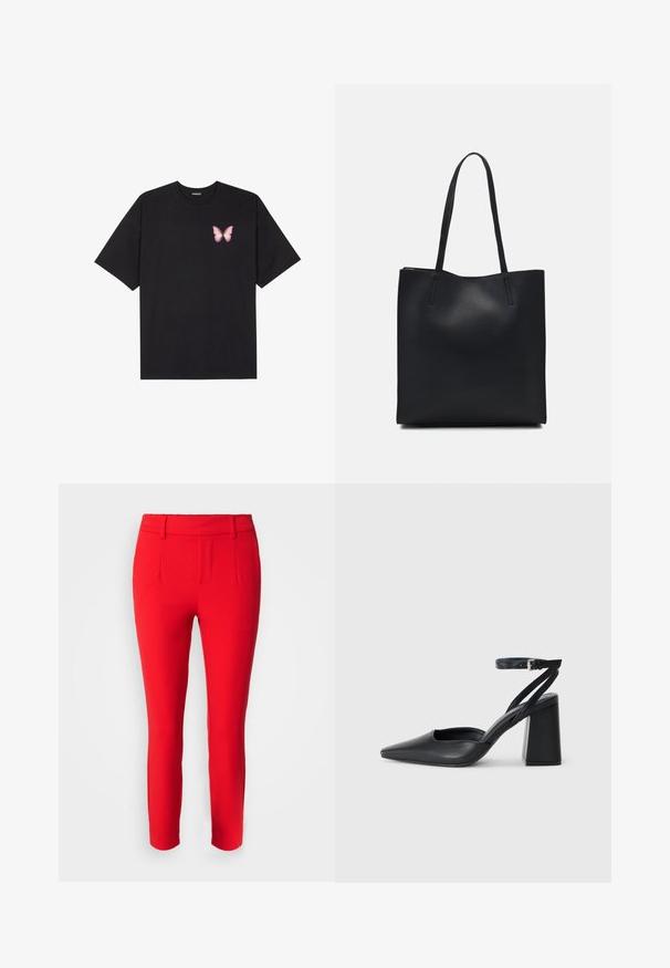 Black cotton t-shirt with short sleeves, featuring a small pink butterfly graphic on the left chest. Crew neck design with a relaxed fit.; Object OBJLISA SLIM PANT - Trousers - flame scarlet; Black leather pointy-toe pump with an ankle strap and a chunky heel. Flat texture, sleek design, and minimalistic aesthetics.; Black leather tote bag with smooth texture, rectangular shape, and two long handles. No visible hardware or embellishments.