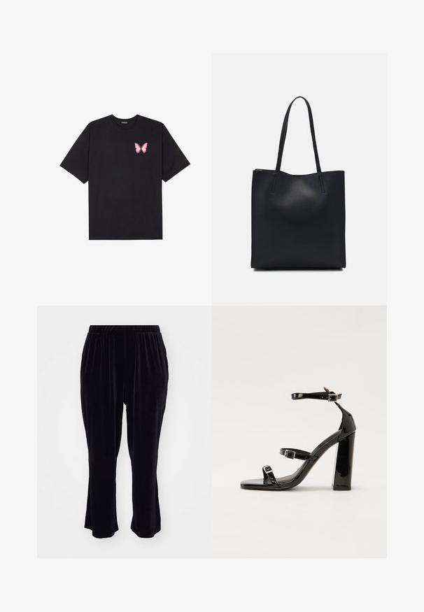 T-shirt en coton noir à manches courtes, avec un petit graphique de papillon rose sur la poitrine gauche. Modèle à col rond avec une coupe décontractée.; Pantalons en velours noir avec une ceinture élastique, design à jambes évasées et texture lisse, dotés de poches latérales et d'un devant simple et sans couture.; Sandales à talons vernies noires avec un bout carré, des sangles autour de la cheville et des boucles en argent. Dotées d'un talon bloc épais pour plus de stabilité.; Sac fourre-tout en cuir noir avec une texture lisse, de forme rectangulaire et deux longues poignées. Pas de matériel ou d'ornementations visibles.