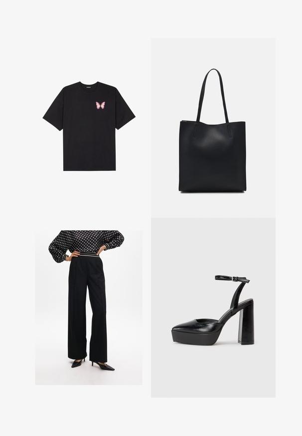 Černé bavlněné tričko s krátkým rukávem, na levém prsou s malou grafikou růžové motýlky. Design s kruhovým výstřihem a volným střihem.; Černé kalhoty s širokými nohavicemi a ostrými sklady, spárované s topem s puntíky a puffovými rukávy, který má pruhovaný elastický pas a špičaté černé lodičky.; Černé platformové podpatky s špičatou špičkou a nastavitelným kotníkovým popruhem. Vyrobeny z hladké kůže, s masivním blokovým podpatkem.; Černá kožená taška přes rameno s hladkým povrchem, obdélníkovým tvarem a dvěma dlouhými uchy. Žádné viditelné kování ani ozdoby.