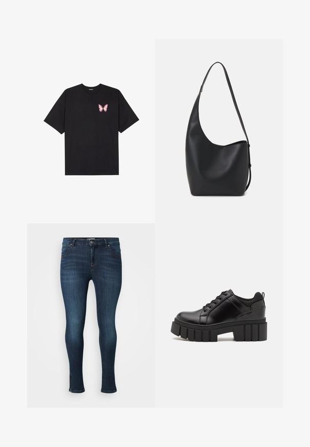 Tricou negru din bumbac cu mâneci scurte, având pe partea stângă a pieptului un mic grafic cu un fluture roz. Design cu guler rotund și croială lejeră.; Jeans skinny de culoare albastru închis, cu nasture frontal, fermoar, cinci buzunare și un ușor efect de decolorare pe coapse și genunchi, pe un fundal alb.; Pantofi cu talpă plată din piele neagră, cu toc gros, vârf rotund și design tradițional cu șireturi. Prezintă o textură netedă și detalii minime.; Geantă hobo din piele neagră, cu o textură netedă, formă curbată și un singur bretele ajustabil; are o deschidere largă în partea de sus.