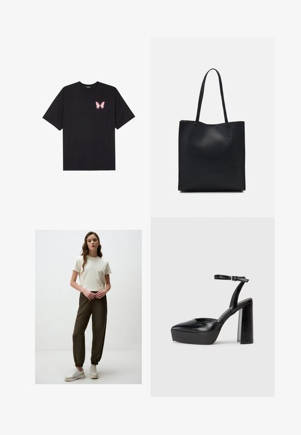 Czarny bawełniany t-shirt z krótkim rękawem, z małym różowym motylkiem na lewej piersi. Klasyczny dekolt z luźnym fasonem.; Biała bawełniana koszulka w połączeniu z ciemnozielonymi spodniami dresowymi z elastycznymi mankietami i bocznymi detalami. Obuwie to białe sneakersy z beżowymi akcentami.; Czarne platformy na wysokim obcasie z szpiczastym noskiem i regulowanym paskiem na kostkę. Wykonane z gładkiej skóry, z grubym słupkowym obcasem.; Czarna skórzana torba tote o gładkiej fakturze, prostokątnym kształcie i dwóch długich uchwytach. Brak widocznych elementów metalowych i ozdób.
