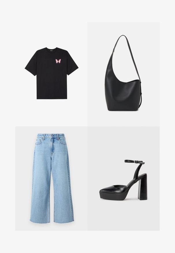 Tricou negru din bumbac cu mâneci scurte, având pe partea stângă a pieptului un mic grafic cu un fluture roz. Design cu guler rotund și croială lejeră.; Jeans largi de culoare albastru deschis din țesătură de denim, cu talie înaltă, închidere frontală cu nasture și detalii cu margini nefinisate la gleznă.; Pantofi cu toc platformă negri, cu vârful ascuțit și curea reglabilă la gleznă. Confecționați din piele netedă, având un toc gros.; Geantă hobo din piele neagră, cu o textură netedă, formă curbată și un singur bretele ajustabil; are o deschidere largă în partea de sus.