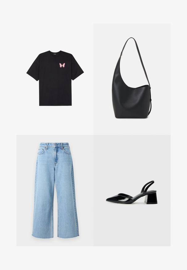Fekete pamut póló rövid ujjakkal, bal mellkason egy kis rózsaszín pillangó grafikával. Kerek nyakú kialakítás, laza fazonnal.; Világoskék, széles szárú farmernadrág, magas derékkal, elöl gombos záródással és nyers szegésű részletekkel a bokán.; Fekete lakk bőr szandálkés magas sarkú cipő, hegyes orral és geometrikus tömbsarkakkal. Karcsú, minimalista dizájn és sima textúra jellemzi.; Fekete bőr hobo táska sima textúrával, ívelt formával és egyetlen állítható pánttal; széles nyílás található a tetején.
