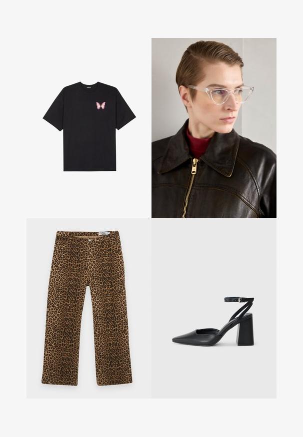 Melna kokvilnas T-krekls ar īsām piedurknēm, kuram priekšā kreisajā pusē ir neliels rozā tauriņa grafiskais attēls. Ar apaļu kaklu un brīvā stila piegriezumu.; Leoparda raksta bikses ar brūnu un melnu rakstu, taisna kāju dizainu un klasisku piecu kabatu stilu. Izgatavotas no kokvilnas audumu maisījuma.; Melna ādas augstpapēžu kurpe ar norakstīto purngala formu, potītes siksniņu un masīlu papēdi. Gluda tekstūra, elegants dizains un minimālisma estētika.; Caurspīdīgas acetāta kaķa acs brillēs ar dzeltenām lēcām, ko valkā persona tumšā ādas jakā un sarkanā augstajā apkaklē. Gluda tekstūra.