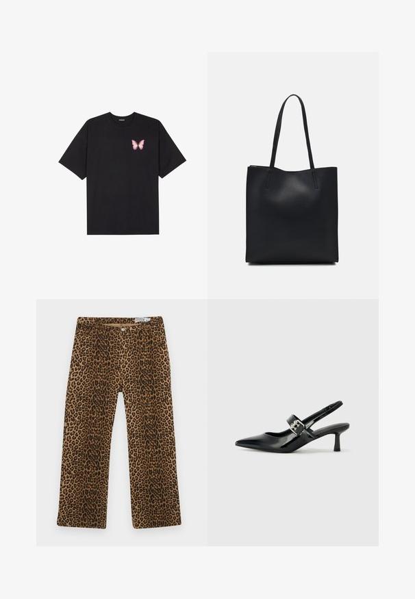 Čierne bavlnené tričko s krátkymi rukávmi, s malým ružovým motýlikom na ľavej hrudi. Design s okrúhlym výstrihom a uvoľneným strihom.; Nohavice s leopardím vzorom, ktoré majú hnedo-čierny motív, rovný strih a klasické pät pocket spracovanie. Vyrobené z bavlneného zmesového materiálu.; Čierne patentové kožené sandále na podpätku so špicatou špičkou a malým blokovým podpätkom, s dekoratívnou striebornou sponou na remienku.; Čierna kožená taška na rameno s hladkým povrchom, obdĺžnikovým tvarom a dvoma dlhými uchami. Bez viditeľného kovania alebo ozdôb.