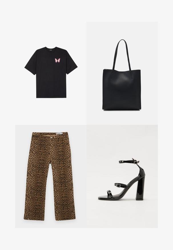 Zwarte katoenen t-shirt met korte mouwen, voorzien van een kleine roze vlinder graphic op de linkerkant van de borst. Crew neck ontwerp met een relaxte fit.; Panterprint broek met een bruin en zwart patroon, rechte pijpen en klassieke vijf-pocket styling. Gemaakt van een katoenen mix.; Zwarte gepatenteerde sandalen met hak en een vierkante neus, enkelbandjes en zilveren gespen. Heeft een stevige blokhak voor stabiliteit.; Zwarte leren handtas met een gladde textuur, rechthoekige vorm en twee lange handvaten. Geen zichtbare hardware of versieringen.