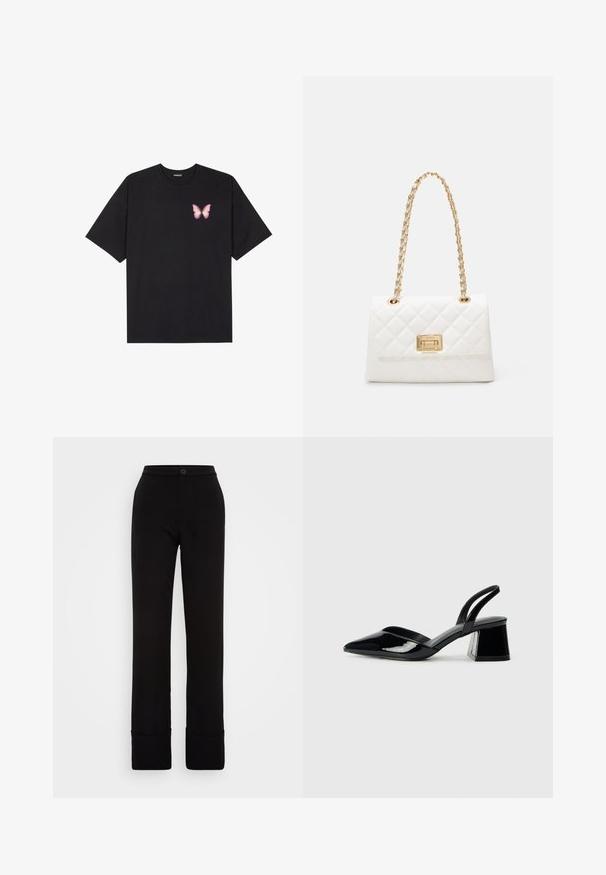 Tricou negru din bumbac cu mâneci scurte, având pe partea stângă a pieptului un mic grafic cu un fluture roz. Design cu guler rotund și croială lejeră.; Pantaloni negri dintr-un material neted cu o croială structurată, având sistem de închidere cu nasture la talie și manșete pliate la tiv.; Pantofi cu toc slingback din piele lacuită neagră, cu vârf ascuțit și toc geometric. Prezintă un design elegant, minimalist și o textură netedă.; Geantă albă matlasată cu un strap din lanț auriu și un închizător rectangular. Prezintă o textură netedă și un model de cusătură geometric.