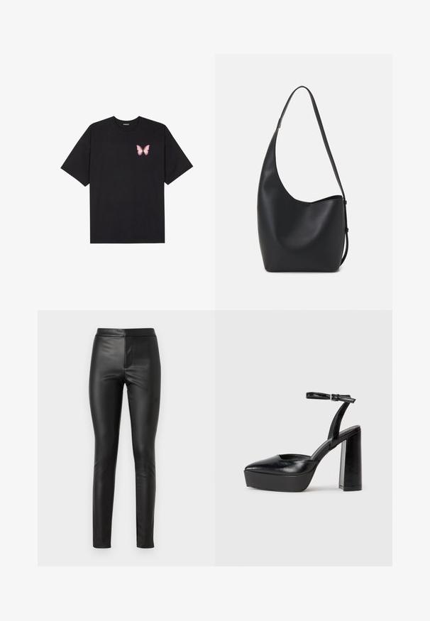 Juodas medvilnės marškinėliai trumpomis rankovėmis, su maža rožine drugelio grafika kairėje krūtinės pusėje. Apvalus kaklo iškirpimas, laisvas kirpimas.; Juodos odinės legging'os su lygiu paviršiumi, siauru siluetu ir aukštu liemeniu. Yra priekinė siūlė, suteikianti pritaikytą išvaizdą.; Juodi platforminiai aukšti kulniukai su smailiu kojų pirštu ir reguliuojamu kulkšnies dirželiu. Pagaminti iš lygaus odos, turi masyvų blokinį kulną.; Juodas odinis hobo maišas su lygiu paviršiumi, kreipta forma ir viena reguliuojama rankena; turi platų atidarymą viršuje.