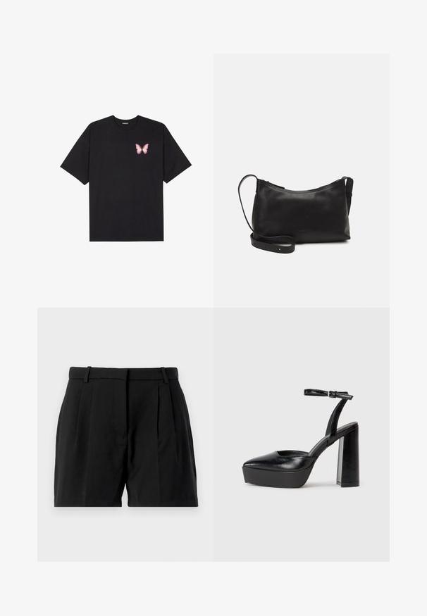 T-shirt de algodão preto com mangas curtas, apresentando um pequeno gráfico de borboleta rosa no lado esquerdo do peito. Design de gola redonda com um corte solto.; Calças curtas pretas com um design ajustado, pregas frontais, corte reto e bolsos laterais. Feitas de um tecido suave e tecido.; Saltos altos pretos com bico fino e atilho ajustável no tornozelo. Confeccionados em couro suave, apresentam um salto bloco robusto.; Bolsa de ombro em pele preta com textura suave, forma curva, alça ajustável e fecho com zip. Design minimalista sem adornos.