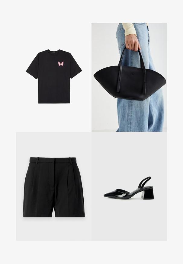 T-shirt de algodão preto com mangas curtas, apresentando um pequeno gráfico de borboleta rosa no lado esquerdo do peito. Design de gola redonda com um corte solto.; Calças curtas pretas com um design ajustado, pregas frontais, corte reto e bolsos laterais. Feitas de um tecido suave e tecido.; Sandy em verniz preto com salto slingback, ponta afilada e salto geométrico. Apresenta um design elegante e minimalista com textura suave.; Bolsa de mão em couro preto com uma forma única em leque, apresentando alças planas. A superfície tem uma textura pebble e um design minimalista.