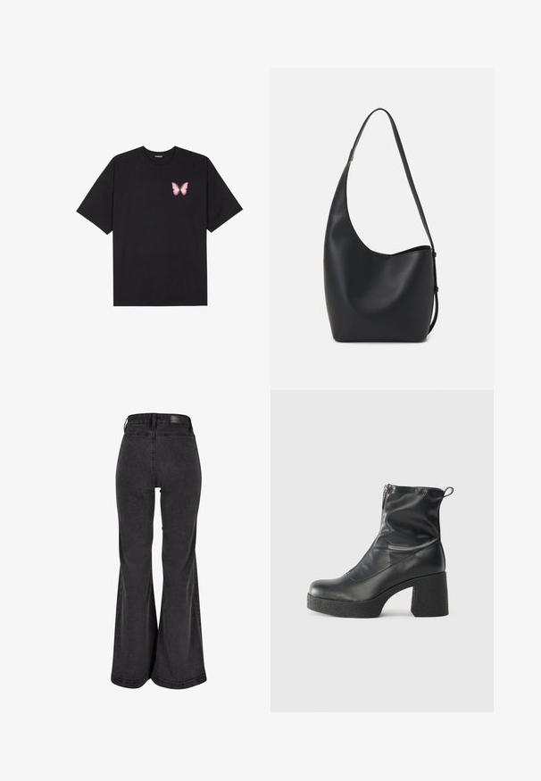 Černé bavlněné tričko s krátkým rukávem, na levém prsou s malou grafikou růžové motýlky. Design s kruhovým výstřihem a volným střihem.; Černé rozšířené džíny s hladkým povrchem, vysokým pasem a logem na zadní straně. Vyznačují se širokým střihem a zesíleným šitím.; Černé kotníkové boty vyrobené z hladké kůže, s bočním zipem, robustním strukturovaným podpatkem a kulatou špičkou.; Černá kožená hobo taška s hladkým povrchem, zakřiveným tvarem a jedním nastavitelným popruhem; má široké otevírání nahoře.