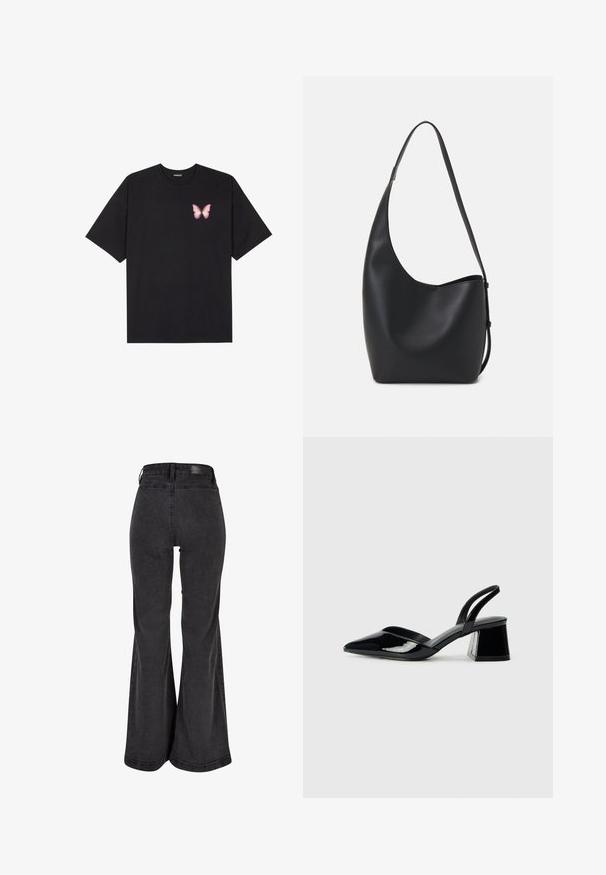 Must muströöpidega must puuvillane T-särk, vasakul rinnal on väike roosa liblikas. Ümar kaelus ja vabalt istuv lõige.; Mustad musteraid püksid sileda tekstuuri, kõrge vöökoht ja kaubamärgi silt taga. Omab laia jala disaini, tugevdatud õmblused.; Mustad musta lakknahk kingad, millel on terav varvas ja geomeetriline plokkkonts. Omab elegantselt minimalistlikku disaini ja sujuvat tekstuuri.; Mustast nahast hobo kott, millel on sile tekstuur, kumer kuju ja üks reguleeritav rihm; peal on lai avaus.