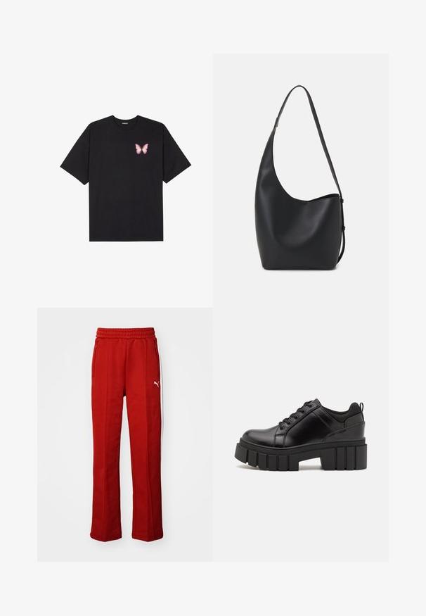 Crna pamučna majica s kratkim rukavima, s malim grafičkim prikazom ružičaste vjetricaste s desne strane na prsima. Dizajn s okruglim izrezom i opuštenim krojem.; Crvene trenirke mekanog tekstura, elastičan pojas i dva bočna džepa sa zatvaračem. Imaju bijelu prugu duž bokova i mali logotip.; Crne kožne platforme s debelim blok-peta, okruglim prstima i klasičnim dizajnom vezanja. Imaju gladak tekstur i minimalne detalje.; Crna kožna hobo torba s glatkom teksturom, zakrivljenim oblikom i jednom podesivom trakicom; ima širok otvor na vrhu.