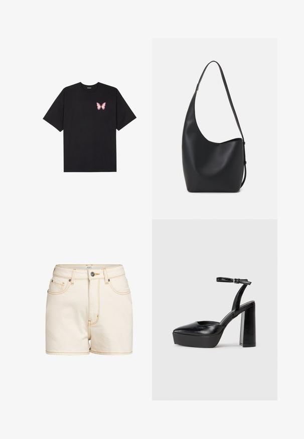 Schwarzes Baumwoll-T-Shirt mit kurzen Ärmeln, das ein kleines pinkes Schmetterlingsmotiv auf der linken Brust zeigt. Crewneck-Design mit einem entspannten Schnitt.; Beige Denim-Shorts mit hoher Taille, versehen mit kontrastierendem gelbem Stich, Fronttaschen und einem markierten Metallknopfverschluss.; Schwarze Plateau-High Heels mit spitzem Zeh und verstellbarem Knöchelriemen. Gefertigt aus glattem Leder und mit einem klobigen Blockabsatz.; Schwarze Leder-Hobo-Tasche mit einer glatten Textur, geschwungener Form und einem einzelnen verstellbaren Tragegurt; verfügt über eine weite Öffnung am oberen Ende.