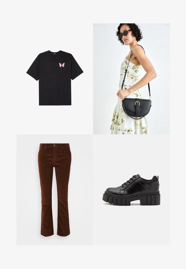 Czarny bawełniany t-shirt z krótkim rękawem, z małym różowym motylkiem na lewej piersi. Klasyczny dekolt z luźnym fasonem.; Brązowe spódnie z szerokimi nogawkami wykonane z korduroyu o gładkiej fakturze, z zamkiem błyskawicznym i zapięciem na guzik oraz standardowym pięciokomorowym krojem.; Czarne skórzane buty na platformie z masywnym słupkowym obcasem, okrągłym noskiem i klasycznym sznurowaniem. Posiadają gładką teksturę i minimalne wykończenia.; Czarna skórzana torebka o zakrzywionym kształcie, z odpinanym paskiem i złotymi akcentami. Torebka posiada klapę z zapięciem w kształcie klamry.