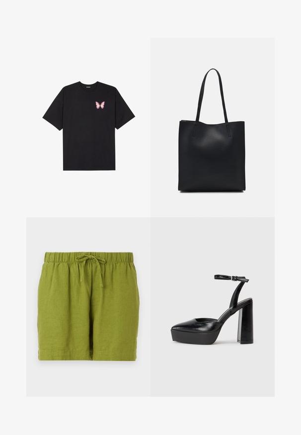 Black cotton t-shirt with short sleeves, featuring a small pink butterfly graphic on the left chest. Crew neck design with a relaxed fit.; Green linen shorts with an elastic waistband and adjustable drawstring, featuring a relaxed fit and straight hem.; Black platform heels with a pointed toe and adjustable ankle strap. Constructed from smooth leather, featuring a chunky block heel.; Black leather tote bag with smooth texture, rectangular shape, and two long handles. No visible hardware or embellishments.