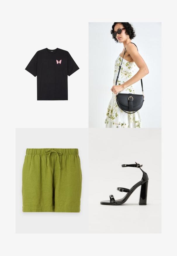 T-shirt en coton noir à manches courtes, avec un petit graphique de papillon rose sur la poitrine gauche. Modèle à col rond avec une coupe décontractée.; Shorts en lin verts avec une taille élastique et un cordon de serrage ajustable, présentant une coupe décontractée et un ourlet droit.; Sandales à talons vernies noires avec un bout carré, des sangles autour de la cheville et des boucles en argent. Dotées d'un talon bloc épais pour plus de stabilité.; Sac à main en cuir noir avec une forme courbée, bandoulière amovible et des accessoires en or. Le sac est doté d'un rabat avec un détail de boucle.
