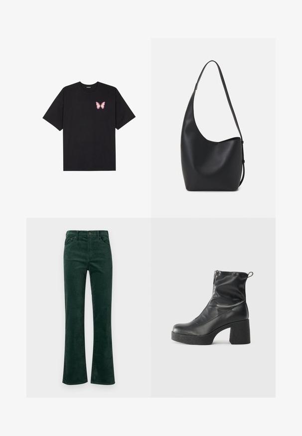 Musta puuvillapaita lyhyillä hihoilla, jossa on pieni vaaleanpunainen perhosgrafiikka vasemmassa rinnassa. Pyöreä kaula-aukko ja rento istuvuus.; Vihreät samettifarkut, joissa on saumaton pinta, viisi taskua ja metallinen napin suljin vyötäröllä.; Mustat nilkkurit, jotka on valmistettu sileästä nahasta. Niissä on sivuvetoketju, paksu teksturoitu korko ja pyöristetty kärki.; Musta nahkainen hobo-laukku, jossa on sileä pinta, kaareva muoto ja yksi säädettävä olkahihna; sisäänkäynti on leveä ylhäältä.