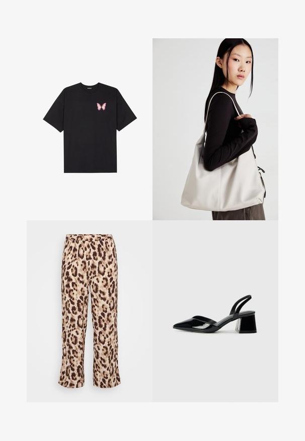Camiseta de algodón negra de manga corta, con un pequeño gráfico de mariposa rosa en el lado izquierdo del pecho. Diseño de cuello redondo con un corte relajado.; Pantalones de leopardo con cintura elástica, que presentan una mezcla de tonos beiges y marrones. La tela tiene una textura suave; diseño de pierna cortada.; Zapatos de tacón slingback de charol negro con punta afilada y tacón geométrico en bloque. Presentan un diseño elegante y minimalista, así como una textura suave.; Bolso de mano beige hecho de material suave, con un diseño holgado, detalles cosidos y dos asas. Adecuado para uso diario.