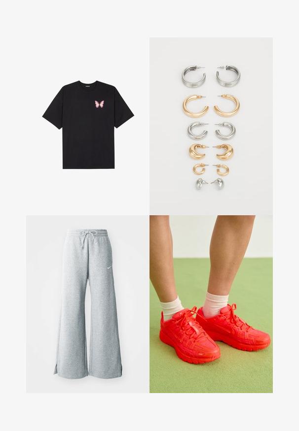 Czarny bawełniany t-shirt z krótkim rękawem, z małym różowym motylkiem na lewej piersi. Klasyczny dekolt z luźnym fasonem.; Jasnoszare dresy wykonane z miękkiego materiału, z elastycznym pasem na sznurki, szerokimi nogawkami i kieszeniami bocznymi. Logo Nike subtelnie umieszczone.; Jaskrawoczerwone sneakersy Nike z siateczkowymi i gumowymi detalami, z wzmocnionymi oczkami i grubymi podeszwami. Noszone z skarpetkami w kremowym kolorze.; Zestaw ośmiu metalowych kolczyków w srebrnych i złotych odcieniach. Zawiera różne style kółek, tekstury i wykończenia, uporządkowane według rozmiaru.