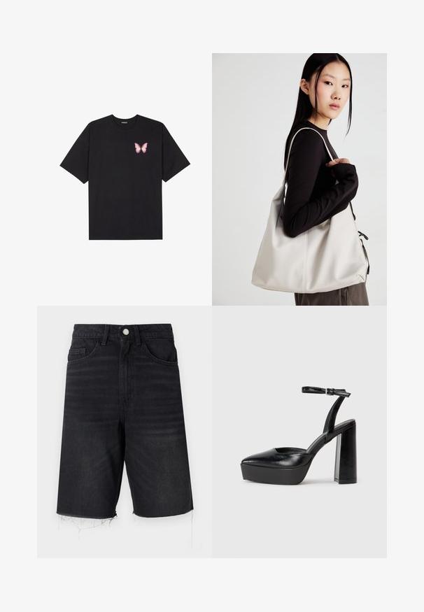 Fekete pamut póló rövid ujjakkal, bal mellkason egy kis rózsaszín pillangó grafikával. Kerek nyakú kialakítás, laza fazonnal.; Fekete farmer rövidnadrág magas derékkal, öt zsebbel, gombos záródással és szakadt szegéllyel. Simább textúrával rendelkezik, enyhe kopással.; Fekete platform magassarkú cipők hegyes orral és állítható bokapánttal. Sima bőrből készült, vastag talppal.; Puha anyagból készült bézs kézitáska, laza dizájnnal, varrott részletekkel és két vállpánttal. Mindennapi használatra alkalmas.