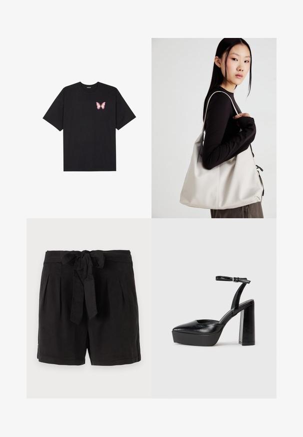 Black cotton t-shirt with short sleeves, featuring a small pink butterfly graphic on the left chest. Crew neck design with a relaxed fit.; Black cotton shorts with a tie belt at the waist, pleats at the front, and side pockets. Smooth texture and casual design.; Black platform heels with a pointed toe and adjustable ankle strap. Constructed from smooth leather, featuring a chunky block heel.; Beige handbag made of soft material, featuring a slouchy design, stitched detailing, and two shoulder straps. Suitable for everyday use.