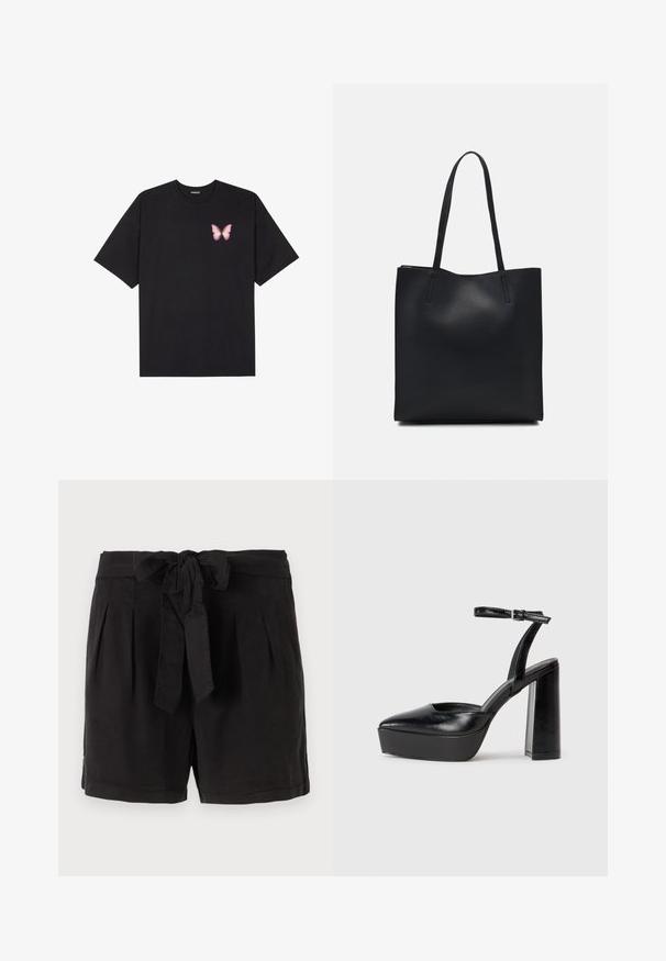 Juodas medvilnės marškinėliai trumpomis rankovėmis, su maža rožine drugelio grafika kairėje krūtinės pusėje. Apvalus kaklo iškirpimas, laisvas kirpimas.; Juodi medvilniniai šortai su juosmens dirželiu, raukšlėmis priekyje ir šoniniais kišenėmis. Lygus audinys ir kasdienis dizainas.; Juodi platforminiai aukšti kulniukai su smailiu kojų pirštu ir reguliuojamu kulkšnies dirželiu. Pagaminti iš lygaus odos, turi masyvų blokinį kulną.; Juodas odinis tote krepšys su lygia tekstūra, stačiakampio formos ir dviem ilgais rankenomis. Matomų metalinių detalių ar puošybos nėra.