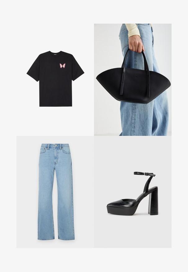 T-shirt en coton noir à manches courtes, avec un petit graphique de papillon rose sur la poitrine gauche. Modèle à col rond avec une coupe décontractée.; Abercrombie & Fitch Curve Love High Rise 90s Relaxed Jean - Wide Leg - med/light; Escarpins noirs à plateforme avec un bout pointu et une sangle réglable à la cheville. Conçus en cuir lisse, avec un large talon bloc.; Sac à main en cuir noir avec une forme de éventail unique, doté de poignées plates. La surface présente une texture granuleuse et un design minimaliste.