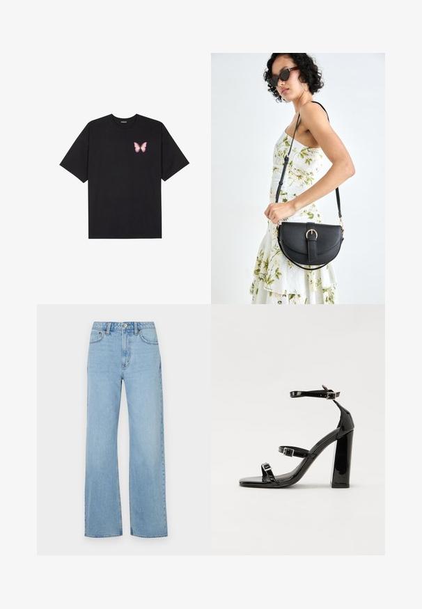 T-shirt en coton noir à manches courtes, avec un petit graphique de papillon rose sur la poitrine gauche. Modèle à col rond avec une coupe décontractée.; Abercrombie & Fitch Curve Love High Rise 90s Relaxed Jean - Wide Leg - med/light; Sandales à talons vernies noires avec un bout carré, des sangles autour de la cheville et des boucles en argent. Dotées d'un talon bloc épais pour plus de stabilité.; Sac à main en cuir noir avec une forme courbée, bandoulière amovible et des accessoires en or. Le sac est doté d'un rabat avec un détail de boucle.