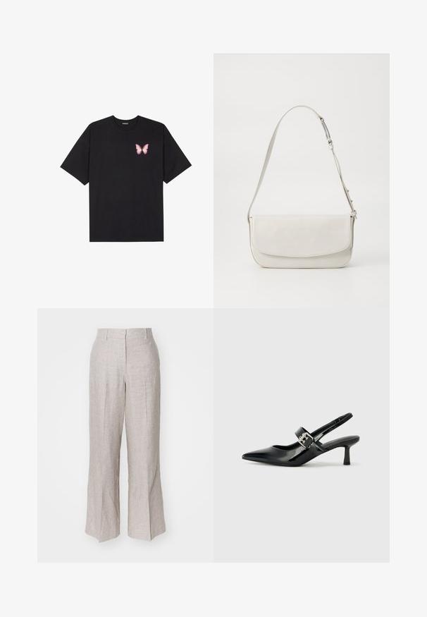 Black cotton t-shirt with short sleeves, featuring a small pink butterfly graphic on the left chest. Crew neck design with a relaxed fit.; Light beige linen trousers with a high waist, wide legs, and front pleats. Smooth texture and minimalistic design, suitable for casual wear.; Black patent leather slingback heels with a pointed toe and a small block heel, featuring a silver buckle accent on the strap.; White leather shoulder bag with a smooth finish, rectangular shape, flap closure, and an adjustable strap. Simple stitching detail.
