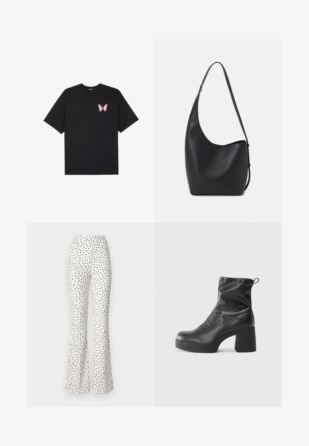 Juodas medvilnės marškinėliai trumpomis rankovėmis, su maža rožine drugelio grafika kairėje krūtinės pusėje. Apvalus kaklo iškirpimas, laisvas kirpimas.; Baltos platėjančios kelnės su juodomis taškeliais. Raukinėta tekstūra, elastinga juostos dalis ir laisvas siluetas per kojas. Tiesus kirpimas apačioje.; Juodos kulkšninių botai, pagaminti iš lygaus odos, su šoniniu užtrauktuku, masyviu tekstūruotu kulnu ir apvaliu pirštu.; Juodas odinis hobo maišas su lygiu paviršiumi, kreipta forma ir viena reguliuojama rankena; turi platų atidarymą viršuje.