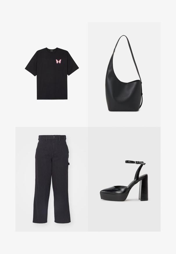 Black cotton t-shirt with short sleeves, featuring a small pink butterfly graphic on the left chest. Crew neck design with a relaxed fit.; Black pinstriped trousers made of a textured fabric with a straight cut, featuring a button closure and belt loops.; Black platform heels with a pointed toe and adjustable ankle strap. Constructed from smooth leather, featuring a chunky block heel.; Black leather hobo bag with a smooth texture, curved shape, and single adjustable strap; features a wide opening at the top.