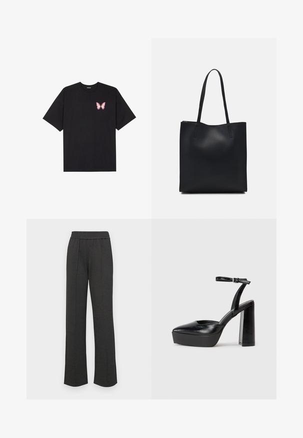 Black cotton t-shirt with short sleeves, featuring a small pink butterfly graphic on the left chest. Crew neck design with a relaxed fit.; Black straight-leg pants with an elastic waistband, front pleats, soft fabric, and no visible patterns or hardware details.; Black platform heels with a pointed toe and adjustable ankle strap. Constructed from smooth leather, featuring a chunky block heel.; Black leather tote bag with smooth texture, rectangular shape, and two long handles. No visible hardware or embellishments.