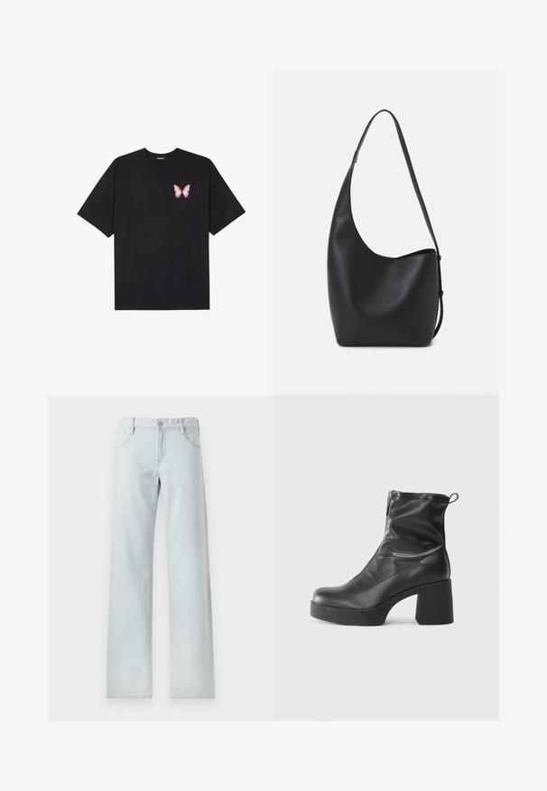 T-shirt de algodão preto com mangas curtas, apresentando um pequeno gráfico de borboleta rosa no lado esquerdo do peito. Design de gola redonda com um corte solto.; Jeans em denim azul claro com corte reto, design clássico de cinco bolsos, fecho de botão e detalhes de costura discretos. Textura suave.; Botas de tornozelo pretas feitas de couro liso, com fecho lateral, salto grosso texturizado e design de bico arredondado.; Saco hobo preto em pele com uma textura lisa, forma curva e uma única alça ajustável; apresenta uma abertura larga na parte de cima.