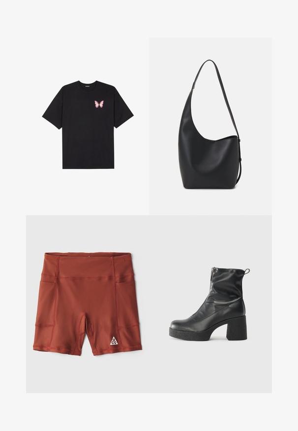 Svart bomulls T-skjorte med korte ermer, med en liten rosa sommerfugl grafikk på venstre bryst. Crew-neck design med en avslappet passform.; Røde idrettsshorts laget av fleksibelt stoff, med sidelommer og en trekantet logo på nedre høyre bein. Sleek design og glatt tekstur.; Svarte ankelstøvler laget av glatt lær, med glidelås på siden, chunky strukturert hæl, og rund tå-design.; Svart lær hobo-veske med glatt tekstur, buet form og enkelt justerbart stropp; har en bred åpning på toppen.