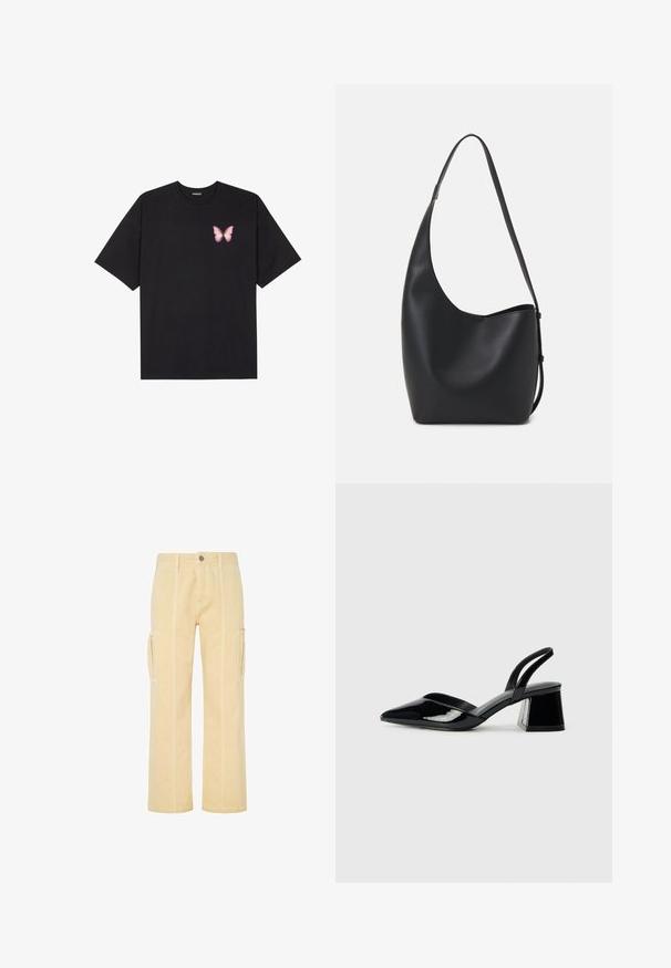 Must muströöpidega must puuvillane T-särk, vasakul rinnal on väike roosa liblikas. Ümar kaelus ja vabalt istuv lõige.; Heledad kollane cargo püksid sirge jala kujundusega, küljetaskudega ja kontrastsete õmblustega õmbluste äärel. Vastupidav puuvillane materjal.; Mustad musta lakknahk kingad, millel on terav varvas ja geomeetriline plokkkonts. Omab elegantselt minimalistlikku disaini ja sujuvat tekstuuri.; Mustast nahast hobo kott, millel on sile tekstuur, kumer kuju ja üks reguleeritav rihm; peal on lai avaus.