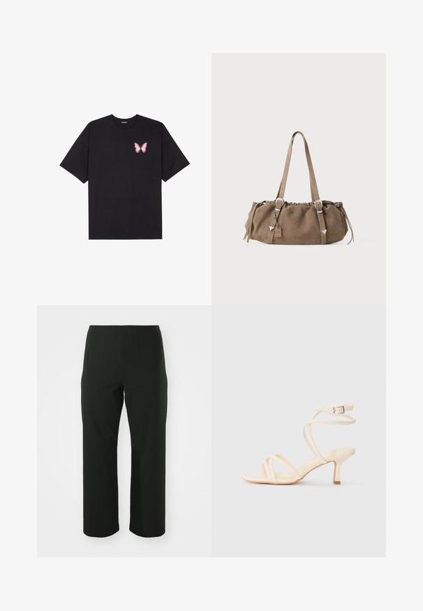 Svart bomullströja med korta ärmar, med en liten rosa fjärilsgrafik på vänster bröst. Rundad halsdesign med en avslappnad passform.; Vero Moda Curve VMCAUGUSTA PANT - Tygbyxor - black; Nude remsandaler med tunna korsande remmar, kvadratig tå och mellanhög klack. Har en spännesknäppning vid vristen och en slät yta.; Brun mockaläderhandväska med en samlad topp, silverfärgade metallaccenter och två axelremmar. Har en rektangulär form och en minimalistisk design.