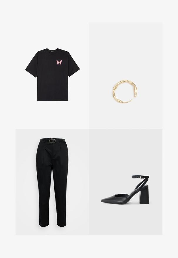 Must muströöpidega must puuvillane T-särk, vasakul rinnal on väike roosa liblikas. Ümar kaelus ja vabalt istuv lõige.; Mustad kohandatud lõikega mustad püksid, millel on kuldne pandla küljes, ees voldid ja sile kangastekstuuri.; Mustmustest must-käigukingad, millel on konksuga nöör ja paks konts. Ühtlane tekstuur, stiilne disain ja minimalistlik esteetika.; Kuldtoonis sõrmus, millel on orgaaniline, keerdunud disain sileda tekstuuri ja kitsenevate otstega, luues kaasaegse skulptuurilise välimuse.