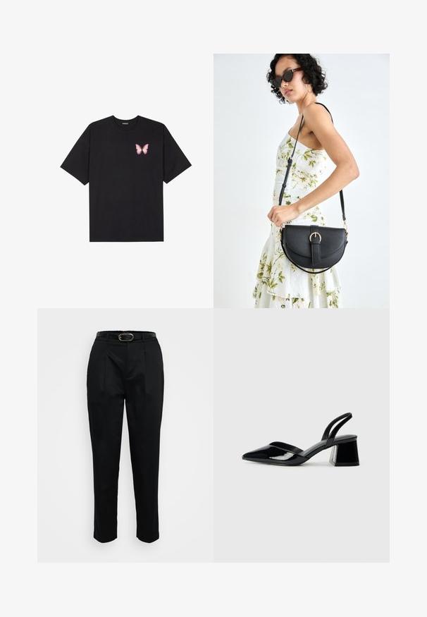 Melna kokvilnas T-krekls ar īsām piedurknēm, kuram priekšā kreisajā pusē ir neliels rozā tauriņa grafiskais attēls. Ar apaļu kaklu un brīvā stila piegriezumu.; Melnas bikses ar pielāgotu piegriezumu, ar jostu ar zeltītu sprādzi, ar krokām priekšpusē un gludu auduma tekstūru.; Melna lakota āda ar atvērto papēdi, ar smailu purngalu un ģeometrisku blokpapēdi. Iezīmējas elegants, minimāls dizains un gluda tekstūra.; Melnas ādas rokassoma ar izliekta formu, noņemamu siksnu un zelta aksesuāriem. Somai ir vāciņš ar sprādzes detaļu.