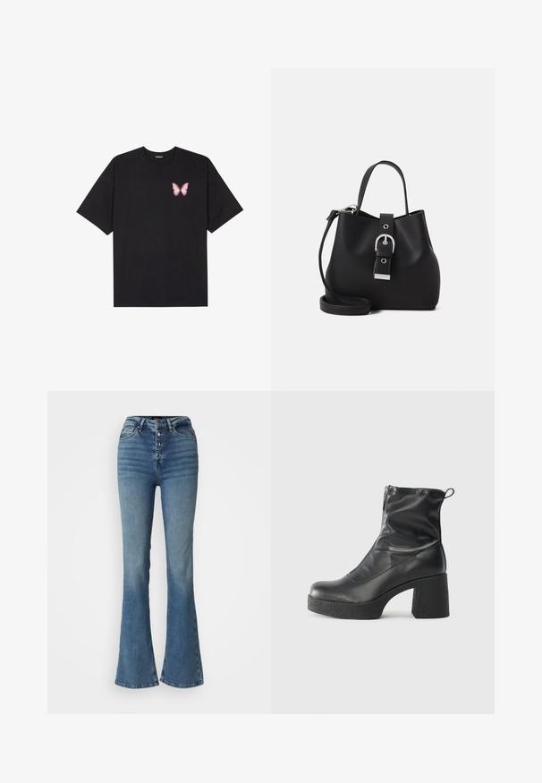 Must muströöpidega must puuvillane T-särk, vasakul rinnal on väike roosa liblikas. Ümar kaelus ja vabalt istuv lõige.; Kõrge vöökohaga sinised laienevad teksapüksid, mis on valmistatud denimist ja millel on viiest nupust koosnev nööbiväli, pleekinud detailid ning kehaümber olev siluett reite piirkonnas.; Mustad mustad ansapüksid, mis on valmistatud siledast nahast, külje zipperiga, paksu tekstuuriga kontsaga ja ümmarguse nina disainiga.; Must beeblast nöörkott, mis on valmistatud siledast nahast, millel on struktureeritud kuju, lühike sang ja eemaldatav õlarihm. Hõbedane pandlakaunistus.