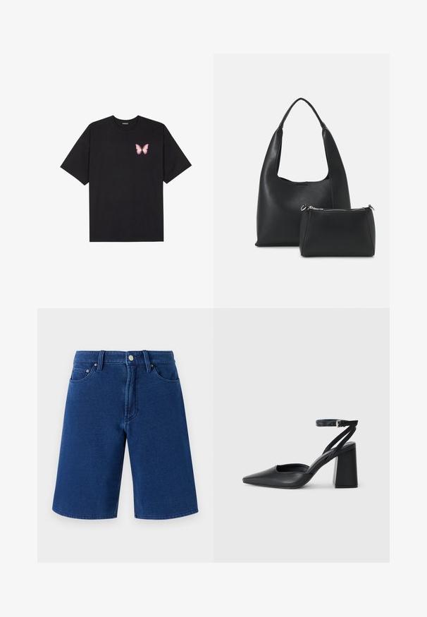 Camiseta de algodón negra de manga corta, con un pequeño gráfico de mariposa rosa en el lado izquierdo del pecho. Diseño de cuello redondo con un corte relajado.; Shorts de mezclilla azul con un corte recto, diseño de cinco bolsillos y una cinturilla visible que cuenta con un botón de metal y trabillas para el cinturón.; Zapato de tacón puntiagudo de cuero negro con tira en el tobillo y tacón ancho. Textura plana, diseño elegante y estética minimalista.; Even&Odd Bolso de mano - black
