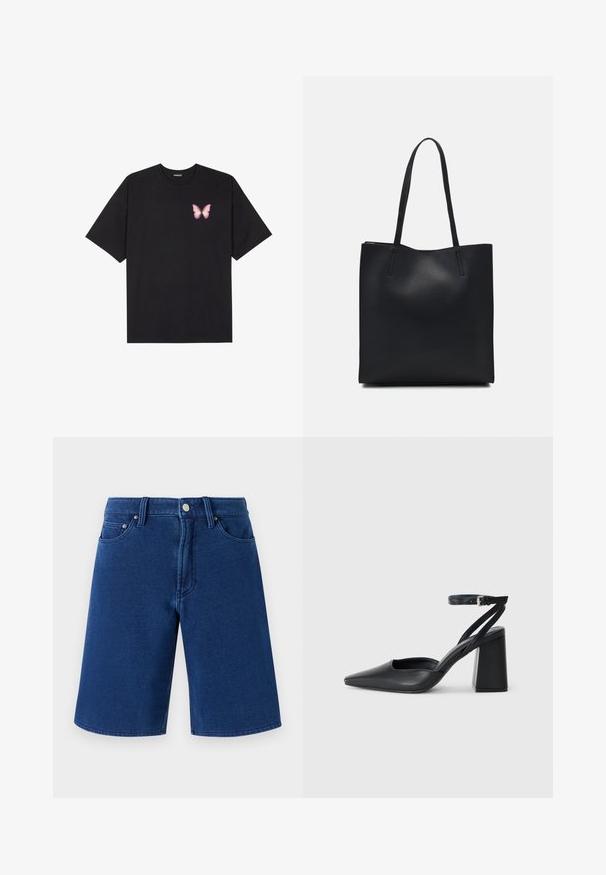 Melna kokvilnas T-krekls ar īsām piedurknēm, kuram priekšā kreisajā pusē ir neliels rozā tauriņa grafiskais attēls. Ar apaļu kaklu un brīvā stila piegriezumu.; Zili džinsa šorti ar taisnu piegriezumu, piecu kabatu dizainu un redzamu jostu, kurā ir metāla pogas un jostas cilpas.; Melna ādas augstpapēžu kurpe ar norakstīto purngala formu, potītes siksniņu un masīlu papēdi. Gluda tekstūra, elegants dizains un minimālisma estētika.; Melnas ādas somiņa ar gludu tekstūru, taisnstūra formu un divām garām rokturiem. Nav redzamu aparatūras vai rotājumu.