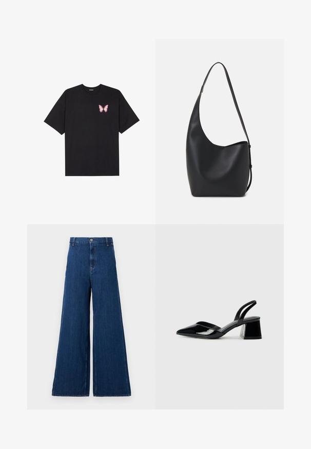 Svart bomullströja med korta ärmar, med en liten rosa fjärilsgrafik på vänster bröst. Rundad halsdesign med en avslappnad passform.; Replay PANTS - Jeans straight leg - dark blue; Svarta lackläder slingback klackar med spetsig tå och geometrisk klack. Har en elegant, minimalistisk design och slät yta.; Svart läder hobo-väska med en slät textur, kurvig form och en justerbar axelrem; har en bred öppning upptill.