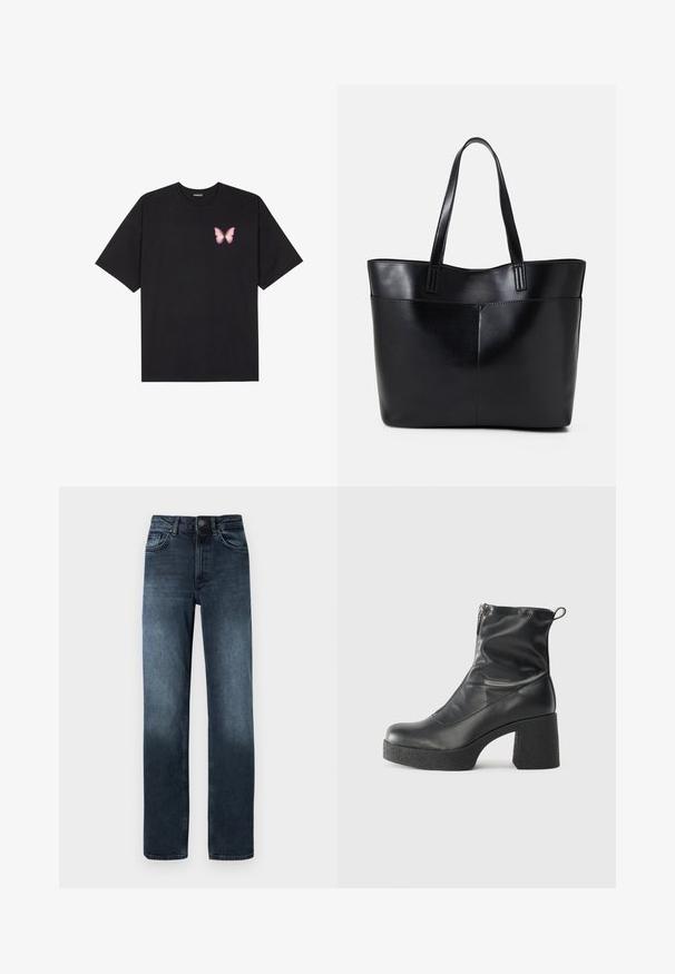 T-shirt de algodão preto com mangas curtas, apresentando um pequeno gráfico de borboleta rosa no lado esquerdo do peito. Design de gola redonda com um corte solto.; Jeans de ganga azul escura com corte reto, cinco bolsos e fecho frontal com botão. Apresenta detalhes de desgaste perto da bainha.; Botas de tornozelo pretas feitas de couro liso, com fecho lateral, salto grosso texturizado e design de bico arredondado.; Bolsa tote preta em couro com duas alças longas, textura suave e forma estruturada. Apresenta um bolso frontal para armazenamento adicional.
