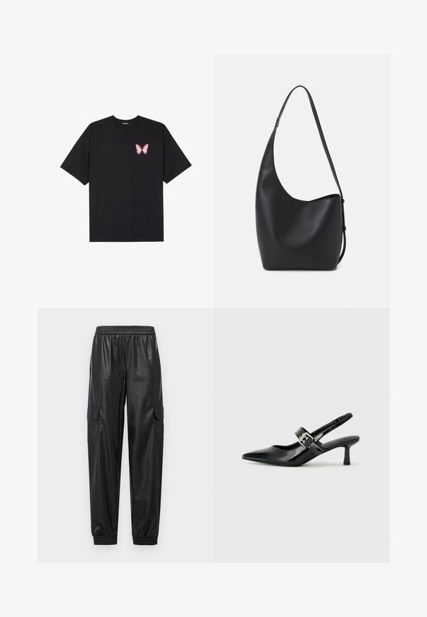 Zwarte katoenen t-shirt met korte mouwen, voorzien van een kleine roze vlinder graphic op de linkerkant van de borst. Crew neck ontwerp met een relaxte fit.; Zwarte neplederen cargobroek met een elastische tailleband, elastische boorden en twee zijzakken. Gladde textuur en losse pasvorm.; Zwarte gepatineerde leren slingback hakken met een puntige neus en een kleine blokhak, met een zilveren gespaccent op de band.; Zwarte leren hobo tas met een gladde textuur, kromme vorm en een enkele verstelbare schouderband; heeft een brede opening aan de bovenkant.