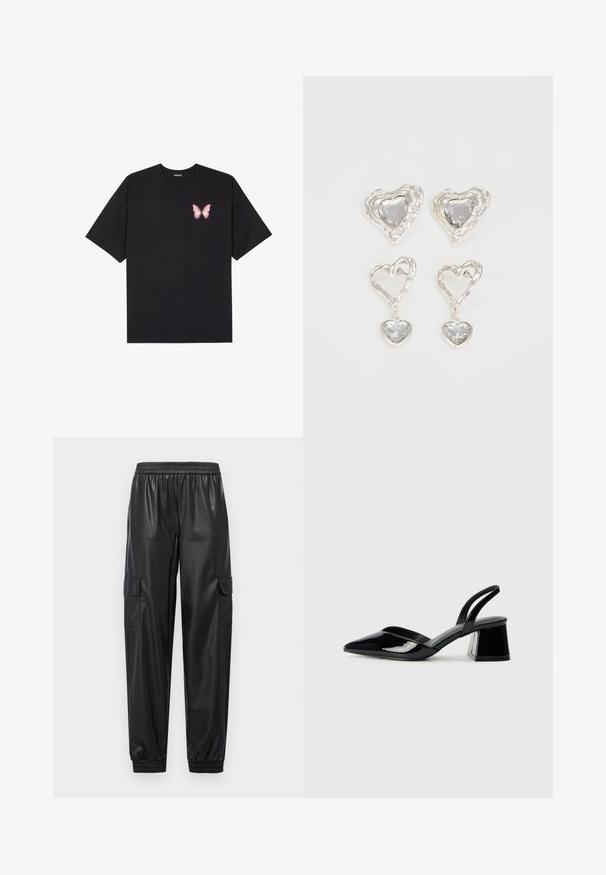 Musta puuvillapaita lyhyillä hihoilla, jossa on pieni vaaleanpunainen perhosgrafiikka vasemmassa rinnassa. Pyöreä kaula-aukko ja rento istuvuus.; Mustat keinonahkaiset cargo-housut, joissa on joustava vyötärö, joustavat hihansuut ja kaksi sivutaskua. Sujuva rakenne ja löysä istuvuus.; Mustat patentoitu nahkakengät, joissa on säären takaosa ja terävä kärki, sekä geometrinen palikkakorko. Sisältää tyylikkään, minimalistisen muotoilun ja sileän pinnan.; Hopeasydänkorvakorut sisältävät hiottuja kirkkaita kiviä, joissa on teksturoitu kehys. Settiin kuuluu nappi- ja roikkuvat mallit.