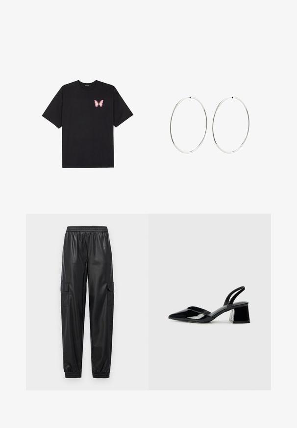 Čierne bavlnené tričko s krátkymi rukávmi, s malým ružovým motýlikom na ľavej hrudi. Design s okrúhlym výstrihom a uvoľneným strihom.; Čierne cargo nohavice z umelého koženého materiálu s elastickým pásom, elastickými manžetami a dvoma bočnými vreckami. Hladká textúra a voľný strih.; Čierne lakované kožené sandálové podpätky s špicatou špičkou a geometrickým blokovým podpätkom. Disponujú elegantným, minimalistickým dizajnom a hladkým povrchom.; Strieborné kruhové náušnice s hladkým, okrúhlym dizajnom a lesklým povrchom. Sú tenké a ľahké, s jednoduchým uzáverom.