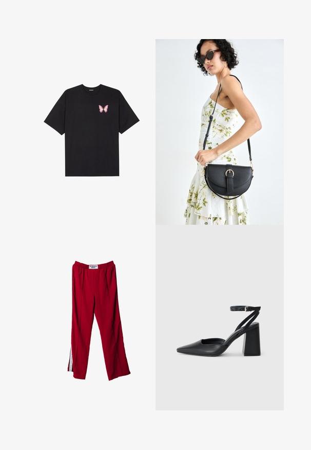 Svart bomulls T-skjorte med korte ermer, med en liten rosa sommerfugl grafikk på venstre bryst. Crew-neck design med en avslappet passform.; Røde treningsbukser med elastisk midje, med sidespalter og subtile plisseringer. Materialet ser jevnt ut, med en etikett på midjen.; Svart lær pumps med spiss tå, ankelrem og kraftig hæl. Flat tekstur, strømlinjeformet design og minimalisme.; Svart lærveske med en buet form, avtagbar stropp og gullbeslag. Vesken har et klaff med spenne-detall.