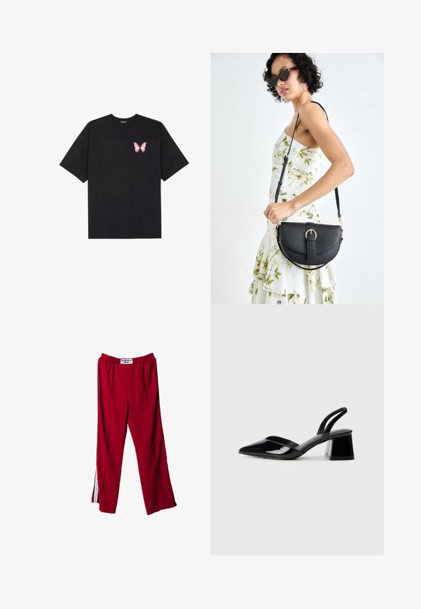 Černé bavlněné tričko s krátkým rukávem, na levém prsou s malou grafikou růžové motýlky. Design s kruhovým výstřihem a volným střihem.; Červené sportovní kalhoty s elastickým pasem, s bočními rozparky a jemnými sklady. Materiál vypadá hladce a je na něm štítek na pase.; Černé lakované kožené lodičky na pásku s špičatou špičkou a geometrickým blokovým podpatkem. Vyznačují se elegantním, minimalistickým designem a hladkým povrchem.; Černá kožená kabelka s křivkovým tvarem, odnímatelným popruhem a zlatými detaily. Kabelka má klopu s přezkou.